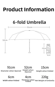 Detailed size chart of the 6-fold flat umbrella with compact dimensions and 220g weight