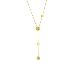 Minimalist gold Y-shaped long chain necklace with tassel circles and sparkling crystals