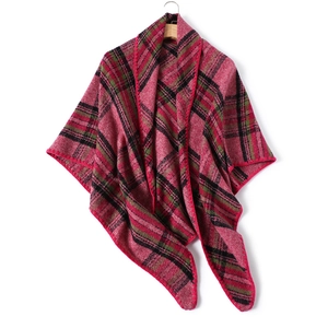 Pink and red plaid cashmere-like triangle scarf shawl displayed on a wooden hanger