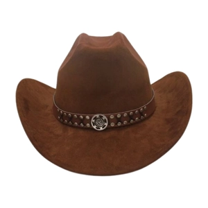 Detail of brown western cowboy hat featuring leather band with vintage metal studs