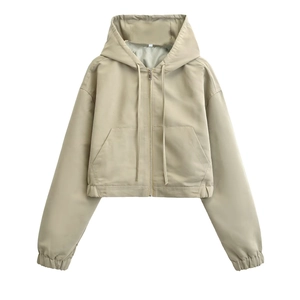 Women Hooded Jacket Short Zip Up Cotton Windbreaker Casual Streetwear Khaki Drawstring Hood Pocket Outerwear Crop Top