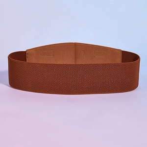 Detailed view of brown elastic woven cinch belt with matching faux leather patchwork