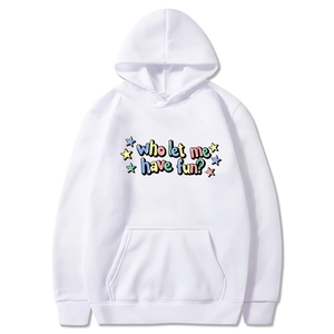 Men Hoodie Polyester Fleece Lined Who Let Me Have Fun Letter Print Hip Hop Streetwear Loose Casual Pullover Sweatshirt