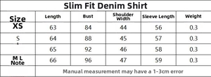 Guide des tailles pour chemise en jean ajustée avec longueur, buste, épaules et manches