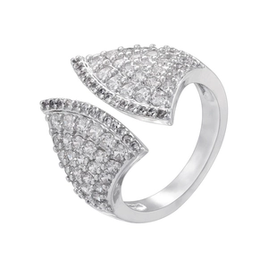 Detailed view of an open silver ring with triangle ends set with sparkling pavé crystals