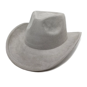 Detailed view of grey faux suede cowboy hat showing fine stitching and soft matte texture