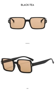 Detail view of square sunglasses with black frame and tea lenses from front and side angles
