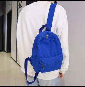 Rückansicht eines blauen Canvas-Rucksacks, getragen von einem Modell in Innenräumen