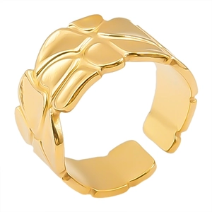 Minimalist gold-plated 304 stainless steel open ring with irregular leaf-like texture