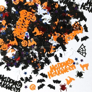 Colorful Halloween confetti mix with pumpkins, bats and ghosts on a white background