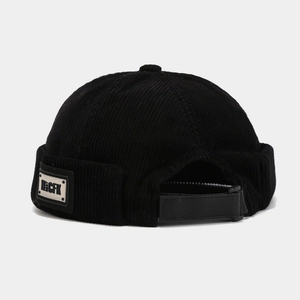 Bonnet docker rétro en velours côtelé noir avec sangle réglable et logo pour hommes et femmes