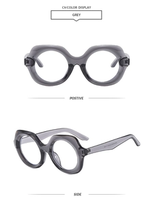 Front and side views of trendy oversized transparent grey sunglasses for women