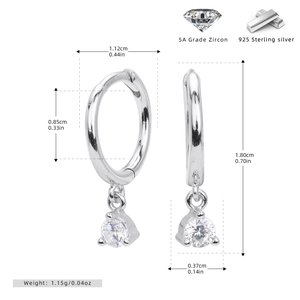 Detail view of 925 sterling silver hoop earrings featuring a 5A grade zircon pendant