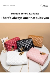 Detailed display of five colors of quilted chain crossbody bags on a display stand