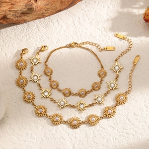 18K gold plated stainless steel sun flower bracelet set with pearls and zircons