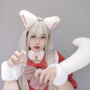 White plush cat ear headband with pink bow collar and matching furry tail cosplay set