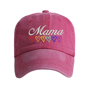 Close-up of Mama embroidery and colorful hearts on washed cotton baseball cap