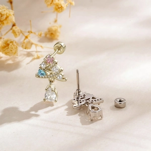 Golden Christmas tree screw back stud earrings with heart and drop zircon details