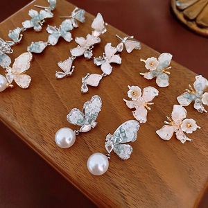 Butterfly Flower Heart Stud Earrings Alloy Rhinestone Zircon Artificial Pearl With 925 Sterling Silver Earring Post Elegant For Women