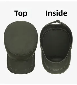 Detailed top and interior view of breathable cotton military flat top cap in olive green