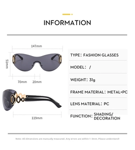 Detailed size specifications for Y2K rimless sunglasses with metal hollow temples