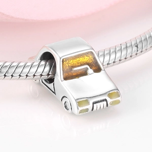 S925 sterling silver vintage car charm with yellow enamel on a silver snake chain bracelet