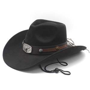 Cappello da cowboy in pelle scamosciata con fibbia a testa di toro e borchie turchesi