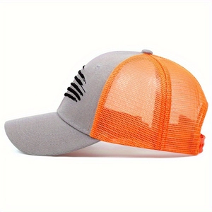Detail of mesh baseball cap showing orange breathable mesh and snapback closure