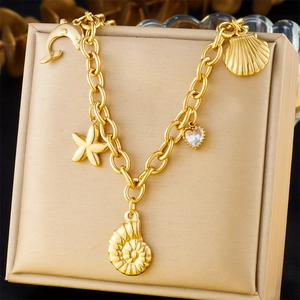 Stainless Steel Necklace With Ocean Theme Pendants Dolphin Starfish Shell Heart Crystal Charm Jewelry For Women