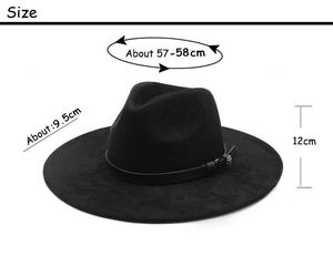 Close-up of black suede fedora hat with thin leather band and detailed size measurements
