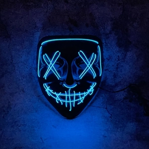 Close-up of ice blue EL wire mask with X-shaped glowing eyes for Halloween party