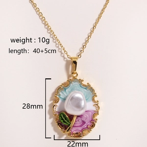 Macro view of gold oil painting style flower pendant with fresh water pearl necklace