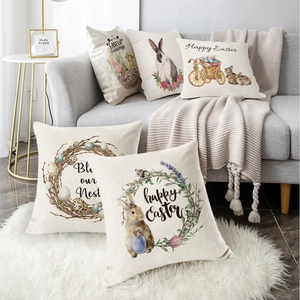 Linen Easter Pillowcase Cushion Cover Watercolor Bunny Colorful Egg Farmhouse Spring Decor Home Sofa