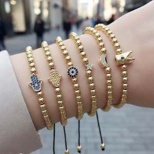 Bohemian Copper Beads Hamsa Hand Evil Eye Adjustable Bracelet For Women Gold Plated Star Moon Crown Rhinestone Jewelry