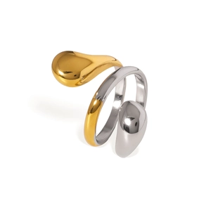 Modern minimalist two-tone twisted open ring with asymmetric water drop metal design