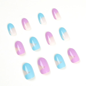Glossy blue and purple French press-on nails with geometric oval designs on white background