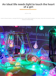 Macro detail of colorful LED globe string lights with bubble texture on a golden stand
