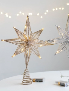 Detail of glittery star tree topper with warm LED lights and spring base support