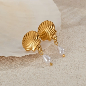 French vintage style golden scallop earrings with white teardrop pearl drops on shell