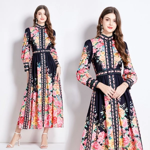 Women Elegant Floral Maxi Dress Stand Collar Long Sleeve Button Down Vintage Court Style Polyester A-Line Flowy Gown