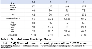 Detailed size chart for belt-decorated trousers showing waist, hip, and length measurements