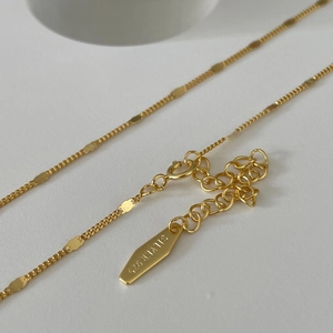 Macro shot of 925 sterling silver gold-plated necklace with round sequins and extension chain