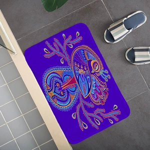 Macro detail of purple flannel anti-slip mat with colorful peacock paisley pattern