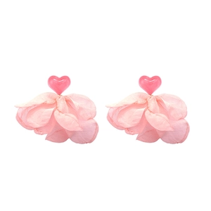 Sweet pink lace flower heart earrings with delicate tassels and elegant pearls for women