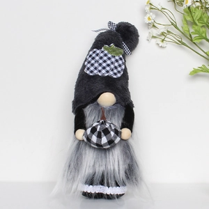 Gnome plush toy with plaid hat and pumpkin applique, featuring long grey beard detail