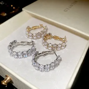 Double row zircon C-shaped hoop earrings in gold and silver finish for women