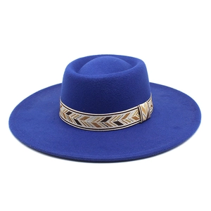 Detail of royal blue wool fedora hat with bohemian woven band and wide 9.5cm brim