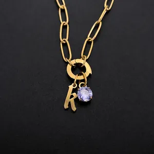Stainless Steel Gold Silver Lowercase Letter Rhinestone Pendant Necklace Gothic Alphabet Initial Paperclip Chain Jewelry Gift
