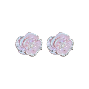 Elegant pink camellia flower stud earrings with pearl center and sparkling crystals