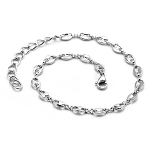 Polished silver stainless steel coffee bean link bracelet with lobster clasp on white background